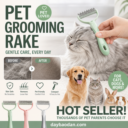 🥳2026 HOT SALE🥳💞50K+ SOLD!🐕💨50% OFF! Dual-Sided Pet Grooming Rake – 9-tooth for mats, 17-tooth for shedding. Skin-safe rounded teeth, ergonomic grip. Less mess, more cuddles. ✨🧡